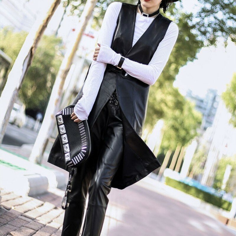 Jaqueta de couro de cordeiro real para mulheres, colete preto, casaco longo com cinto, slim fit, couro genuíno, moda verão, 2023