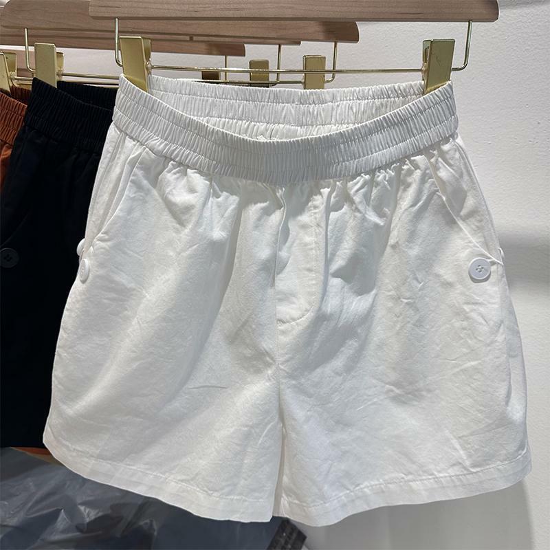 Pantalones cortos de algodón para mujer, Shorts holgados con diseño de botones, cintura elástica, informales, a la moda, color negro, pierna ancha