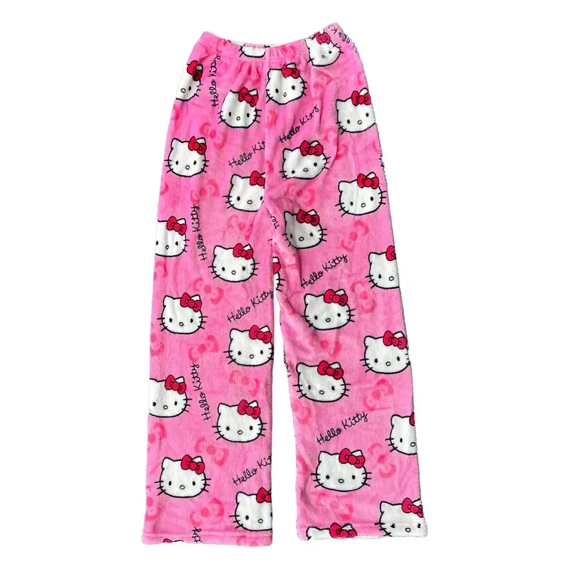 Hello Kitty pijama de flanela de lã engrossado feminino, calça casual quente, calça hip hop dos desenhos animados, outono inverno