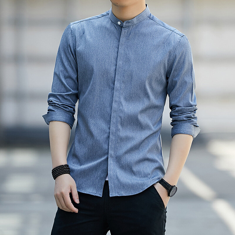ฉบับภาษาเกาหลีเสื้อคอตั้งแขนยาวสำหรับผู้ชาย, เสื้อเสื้อคาร์โกสีทึบทรงสลิมฟิตฤดูใบไม้ร่วง