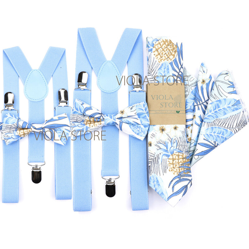Männer Kinder Salbei blau Blumen 2,5 cm Hosenträger 6,5 cm Baumwolle Krawatte Taschentuch Schleife Set Krawatte Klammer verstellbare Träger Hochzeit Zubehör