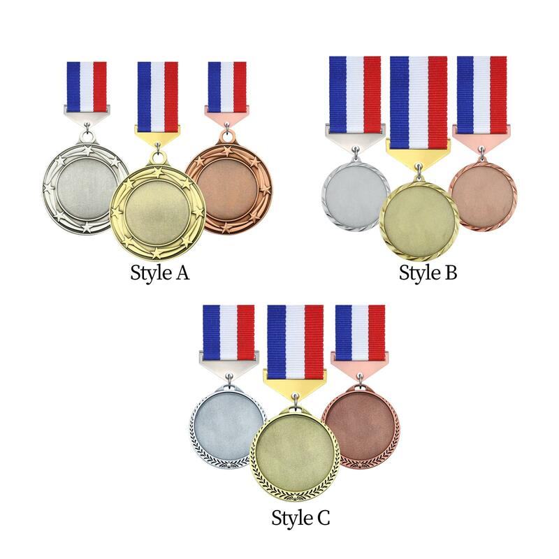 Zinco liga em branco medalhas com fitas, adequado para Softball Eventos School Sports, 3pcs
