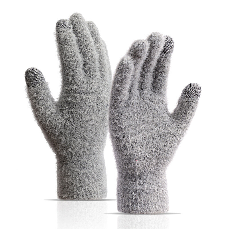 ถุงมือถักนุ่มสำหรับผู้หญิงสำหรับฤดูหนาวถุงมือขนสัตว์สีทึบถุงมือสำหรับขับขี่ให้ความอบอุ่น