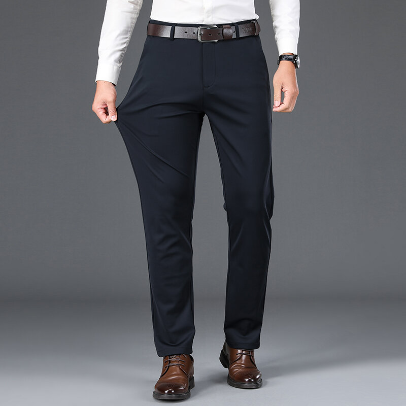 Celana panjang pria, empat arah elastis tinggi kasual bisnis longgar warna Solid klasik anti-kerut lurus