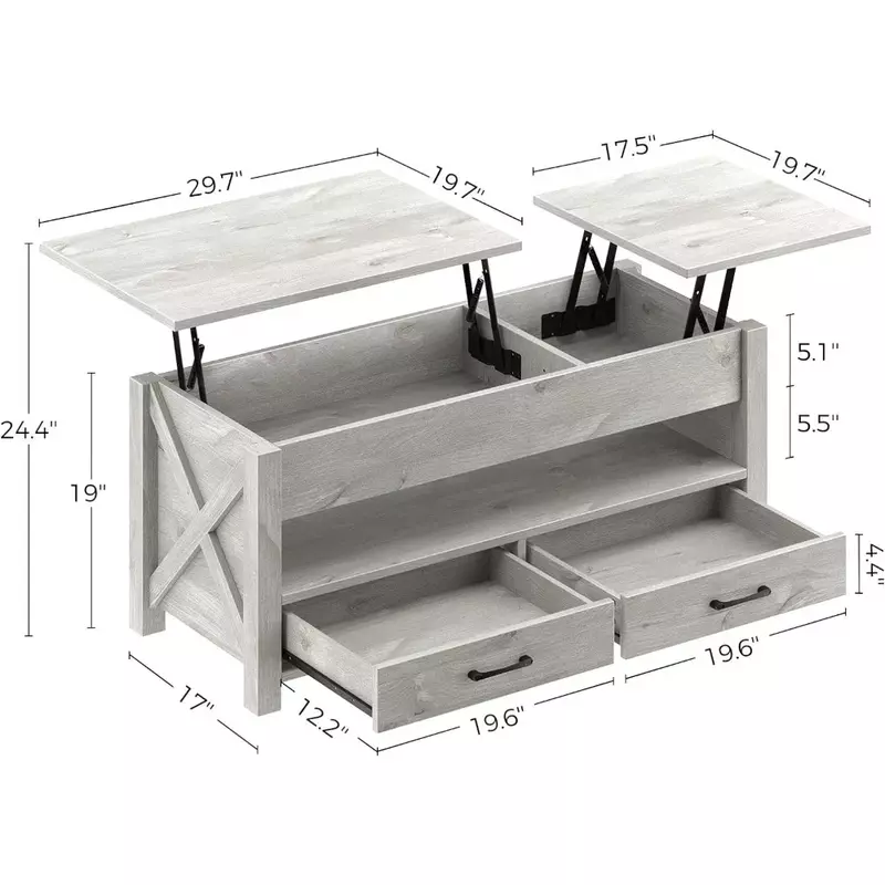 Подъемник журнального столика с 2 ящиками для хранения и скрытым отсеком, винтажный центральный стол с деревянной подъемной крышкой, серый