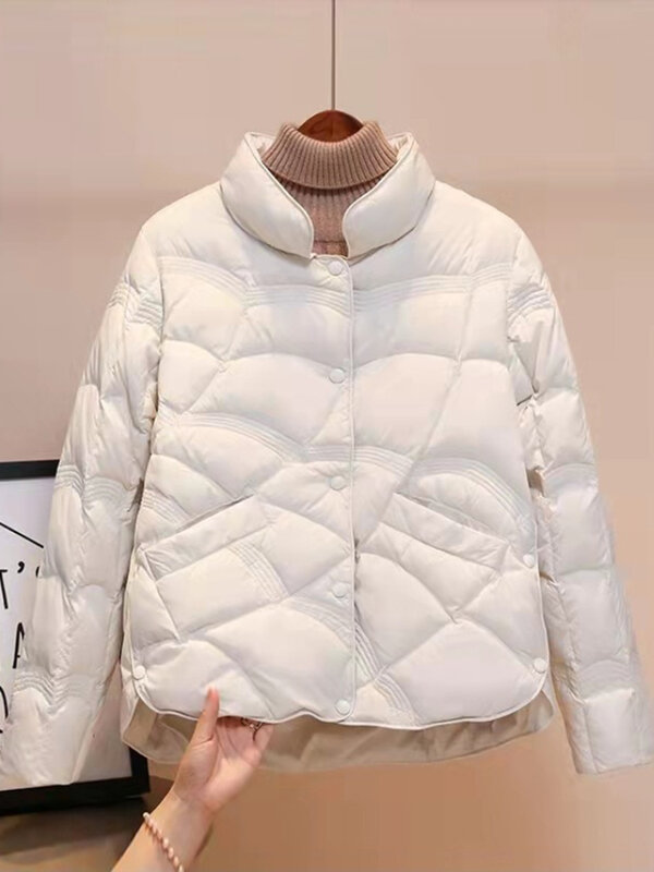 Puchowa kurtka damska koreańska moda puchowa płaszcz zimowy ciepły stójka Parkas damska elegancka swobodna jednolity kolor, długi rękaw dłuższa odzież wierzchnia