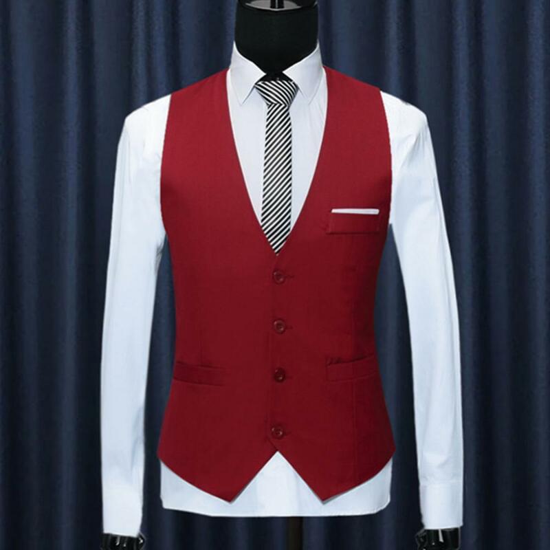 Modne biurowe męskie jednolity kolor z dekoltem w szpic bez rękawów zapinane na guziki męskie formalne biznesowa kamizelka smukłe garnitur jednorzędowy kamizelki