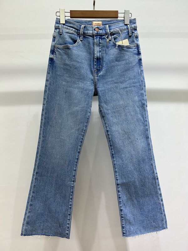 Celana denim wanita, jeans potongan pendek elastis pinggang tinggi berkobar mikro untuk perempuan