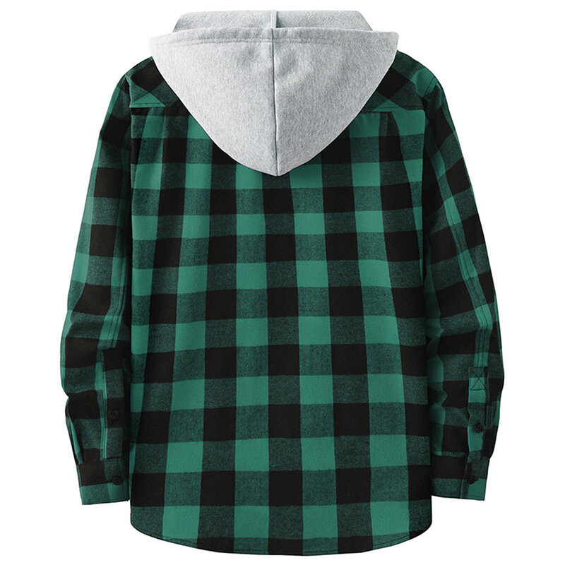Camisas com capuz de manga comprida xadrez masculina, tops com cordão de botão, cardigan com botão, casaco masculino, tops masculinos com capuz