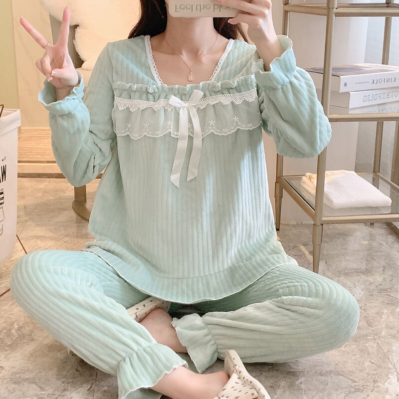 Winter new square-neck lace coral fleece pajamas women's casual sweet thickened warm flannel solid color 2-piece home clothes