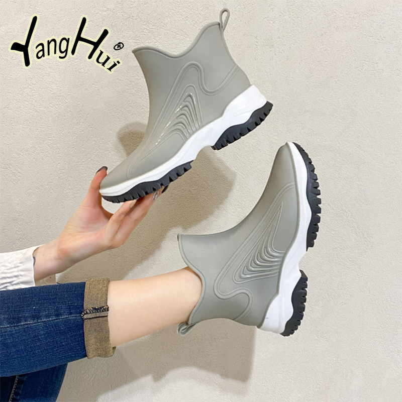 Women's Rain Boots Platform Waterproof Wear-resistant Solid Black Ankle Shoes for Women 2023 New Fashion Spring Autumn