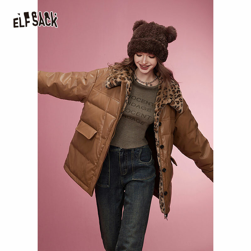 ELFSACK Korean Fashion PU Spliced Down Coats Women 2023 Winter New Designer Outwears
