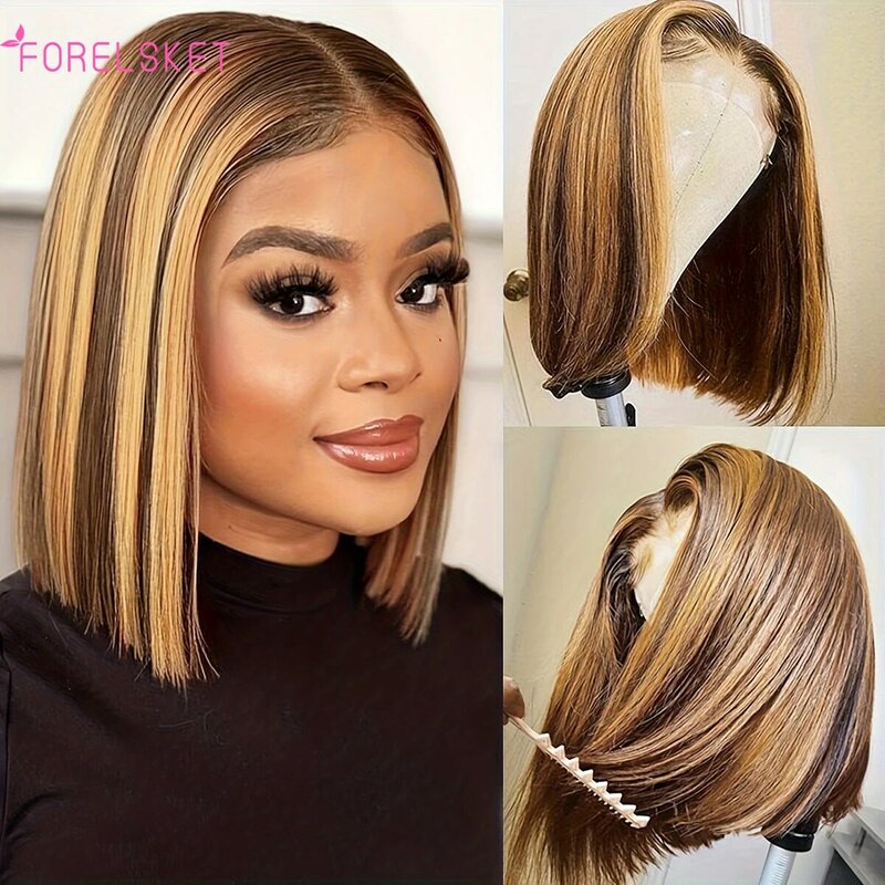 Glueless Wear To Go Highlight Straight Short Bob Wig Transparent 6x4 Lace Frontal Human Hair Wigs For Women P4/27 Lace Human Wig