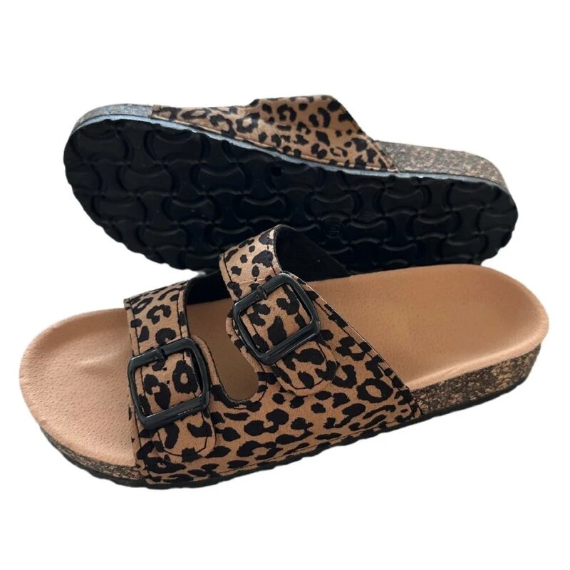 Sandal wanita motif macan tutul, baru, sandal gabus, anti-selip, dasar datar, sandal pantai, musim panas untuk wanita
