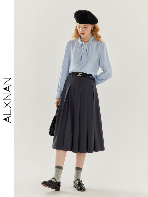 ALXNAN Casual Blue Long Sleeve Ribbon Shirt For Women 2024 Autumn and Winter French Elegant Office Lady Shirt Outfit TM00619