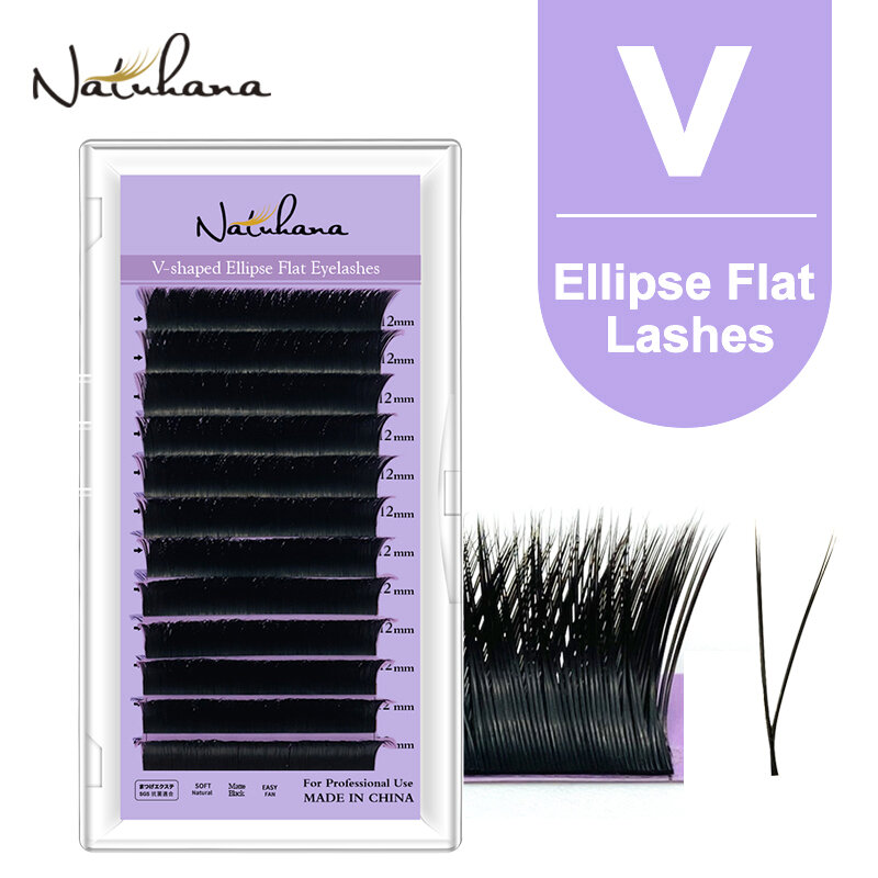 NATUHANA False Lashes V-shaped Ellipse Flat Mink Eyelash Extension Premade Volume Split Tips Auto-Fans 2D Eyelashes Makeup