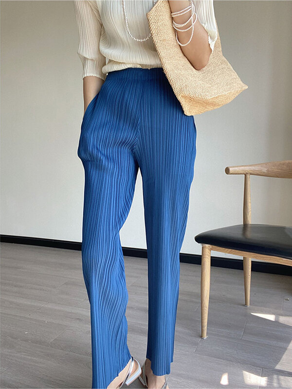 Miyake celana panjang lipit klasik, celana panjang lurus pinggang tinggi wanita, celana kasual Korea biru dongker musim panas musim semi baru 2023
