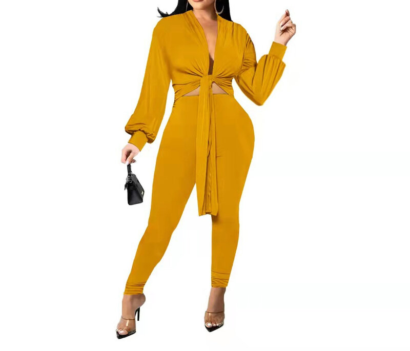 Women's Set New Solid Cardigan Tie Long Sleeve Two Piece Fashion Casual Tight Pants Suit Female and Lady Spring Autumn Trousers