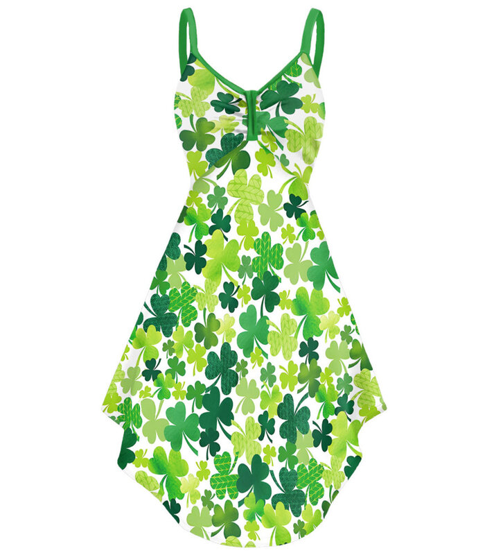 Women Summer St Patricks Day Dress Trendy Spaghetti Strap Sleeveless Backless Clover Printing Party Dress Female Clothing