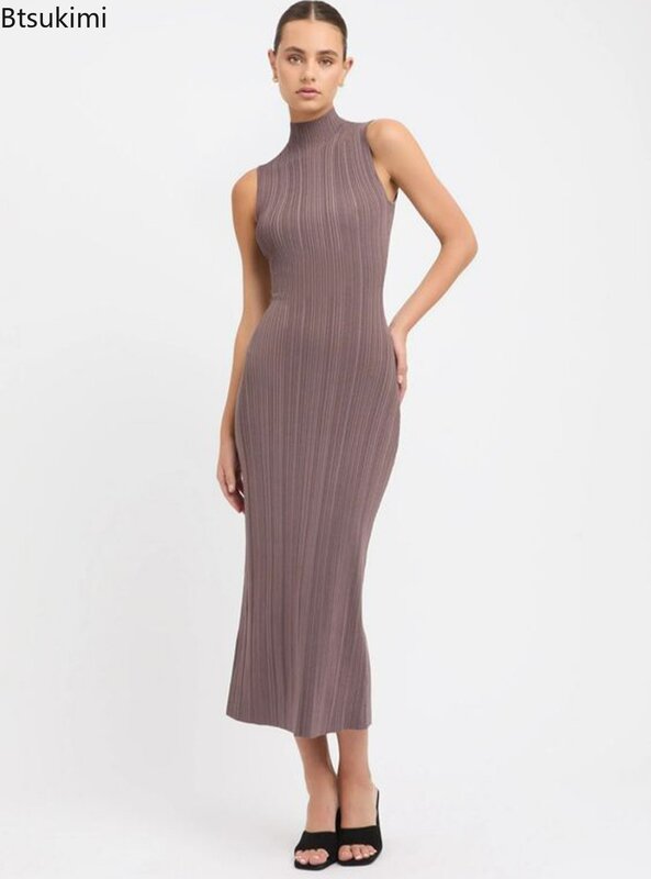 2024 damska sukienka z golfem bez rękawów prążkowana dzianina damska Slim Fit moda wysoka talia Bodycorn sukienka solidna odzież na przyjęcia