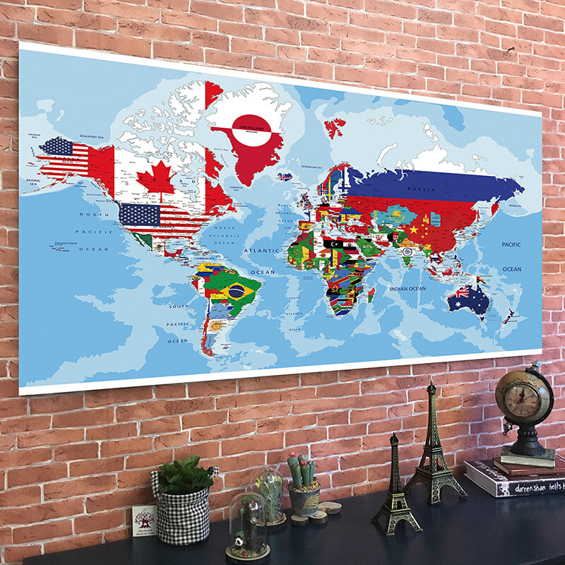 国の旗が付いている不織布の世界の物理地図、オフィス、学校、壁の装飾のためのプレート、家の装飾のポスター、150x100cm