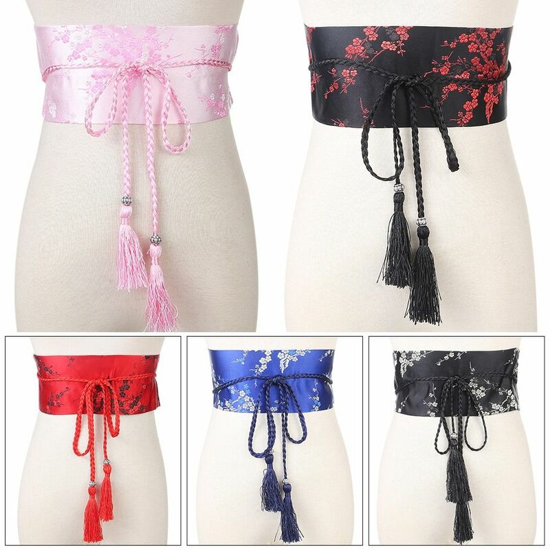 مشد ياباني عريض Cummerbunds للنساء ، حزام كيمونو Bowknot ، ربطة عنق بطبعة أزهار عتيقة ، حزام ساتان ، إكسسوارات أنيقة