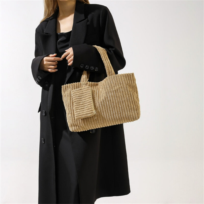 Вельветовая вместительная модная сумка для женщин, повседневный зимний тоут на одно плечо, модная полосатая сумочка-тоут, кошелек для мелочи