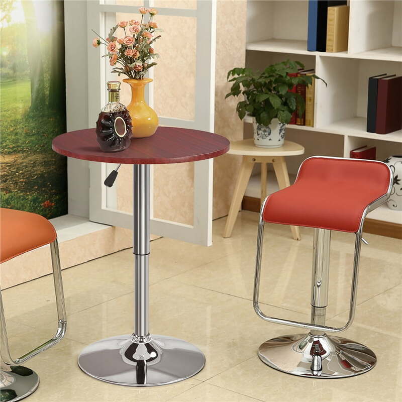 Chrome Base Round Swivel Bar Table for Bistro Pub Kitchen Adjustable Height Dining Cocktail Table, Brown