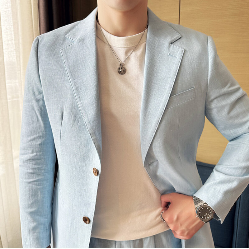 Linen Thin Suit ~ Italian Napoli Light Breathable Trendy Jacket with Texture，Two-Piece Single-Breasted Back Double Slit Top