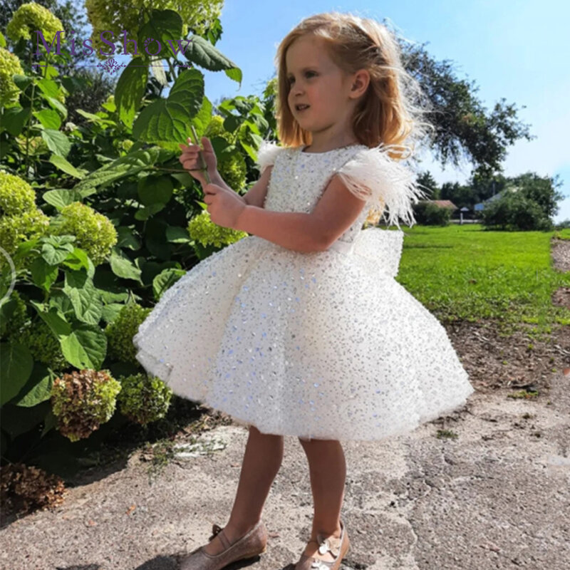 MisShow White First Communion Dress for Girls Beads Bow Children's Flower Girl Dresses Ball Gown Wedding Party Dress Princess