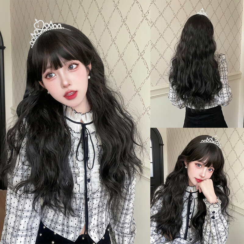 26Inch Jet Black Synthetic Wigs with Bang Long Natural Wavy Hair Wig for Women Daily Use Cosplay Party Heat Resistant Lolita