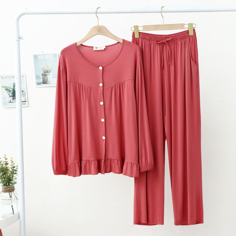 Pijama de chándal de Modal para mujer, pantalones plisados de manga larga, Sexy, conjunto de dos piezas, Color sólido, suave, ropa informal