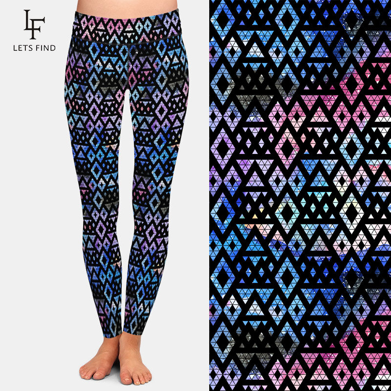 Letsfind alta quaility galáxia com triângulos e impressão geométrica leggings femininas de cintura alta fitness leggings magros