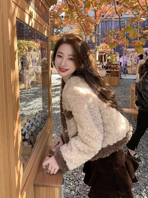 Элегантная уличная одежда, однобортное пальто из искусственной овечьей шерсти с круглым вырезом, Женская корейская мода, свободная Толстая теплая верхняя одежда, повседневное пальто