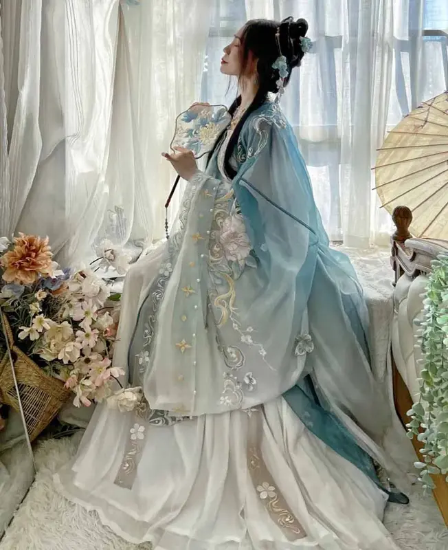 فستان هانفو الصيني التقليدي القديم للنساء ، زي تنكري خيالي نسائي ، أزرق ، زي صيفي
