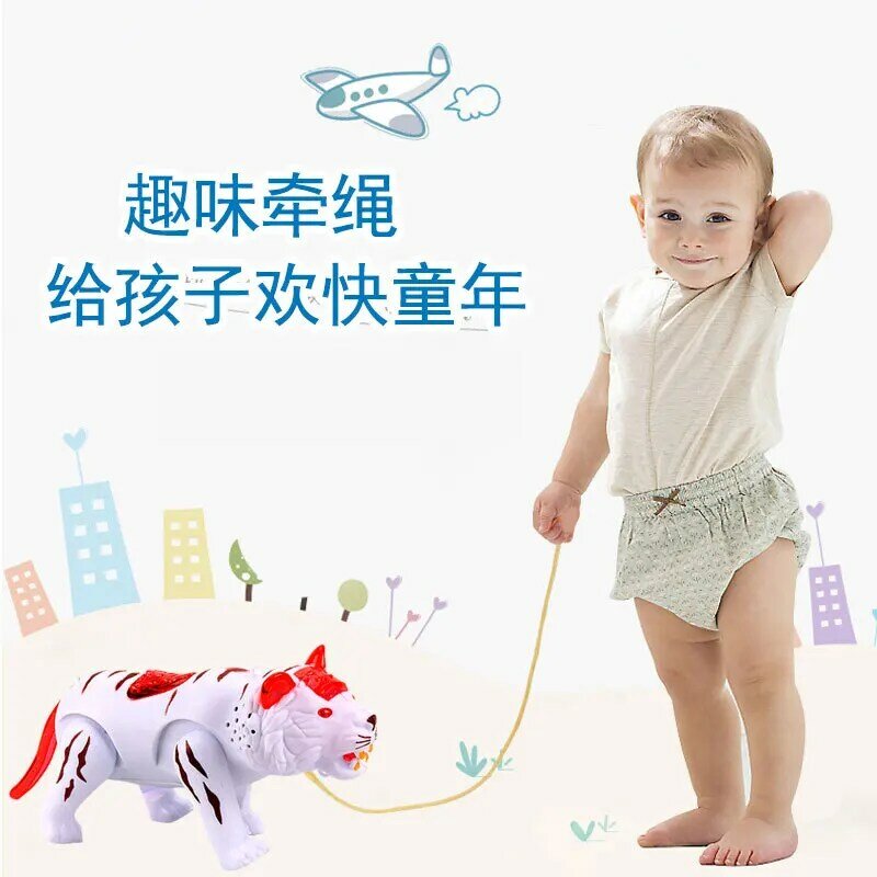 Simulation Electric Lead Rope Tiger Light Music Walking Action Figure, Children's Toy Partner