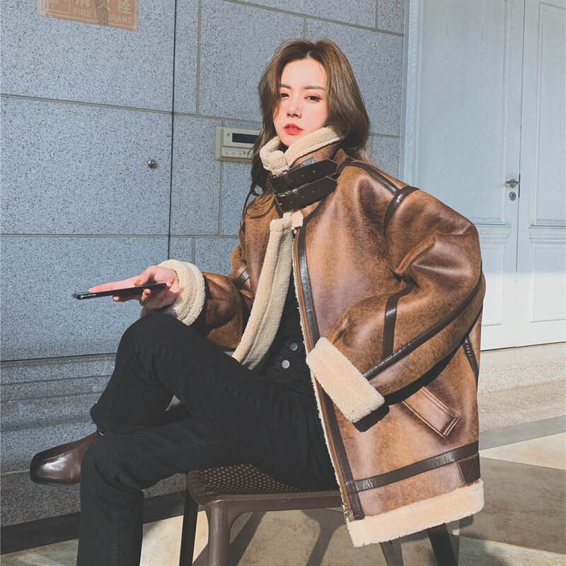 Jaket kulit tebal hangat Korea, mantel bulu domba Korea, pakaian musim dingin longgar Streetwear pakaian luar musim dingin