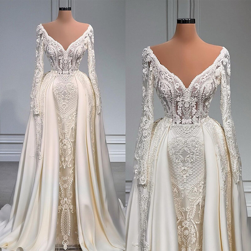Gaun Pernikahan Putri Duyung Putih Antik Gaun Pengantin Rel Dapat Dilepas Applique Renda Leher V Buatan Khusus Ukuran Besar Vestido De Novia