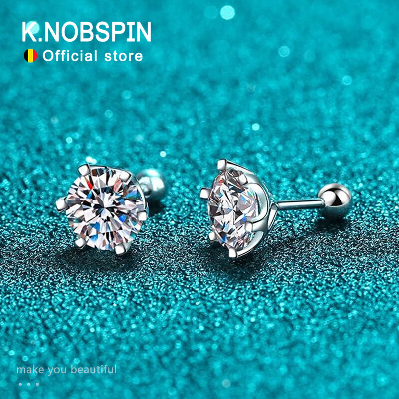 KNOBSPIN-Boucles d'oreilles Moissanite pour femme, plaqué or blanc 18 carats, argent regardé, D VVl's, diamant de laboratoire coupe ronde, clous d'oreille à vis
