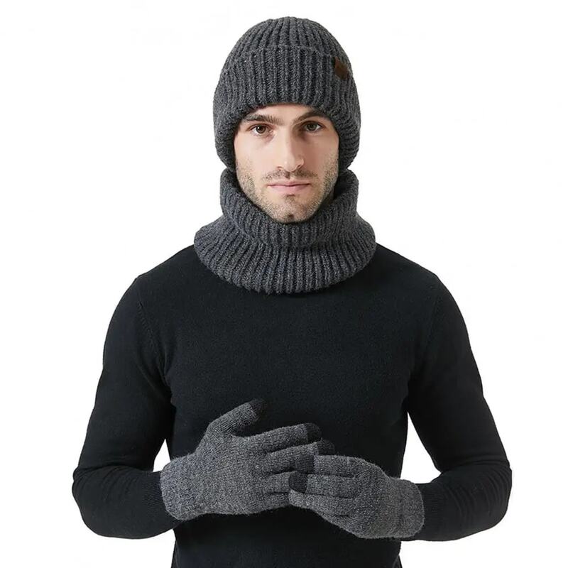 Hat Scarf Gloves Set 3pcs Unisex Winter Beanie Hat Long Scarf Touch Screen Gloves Set Solid Color Knit Neck Warmer for Men