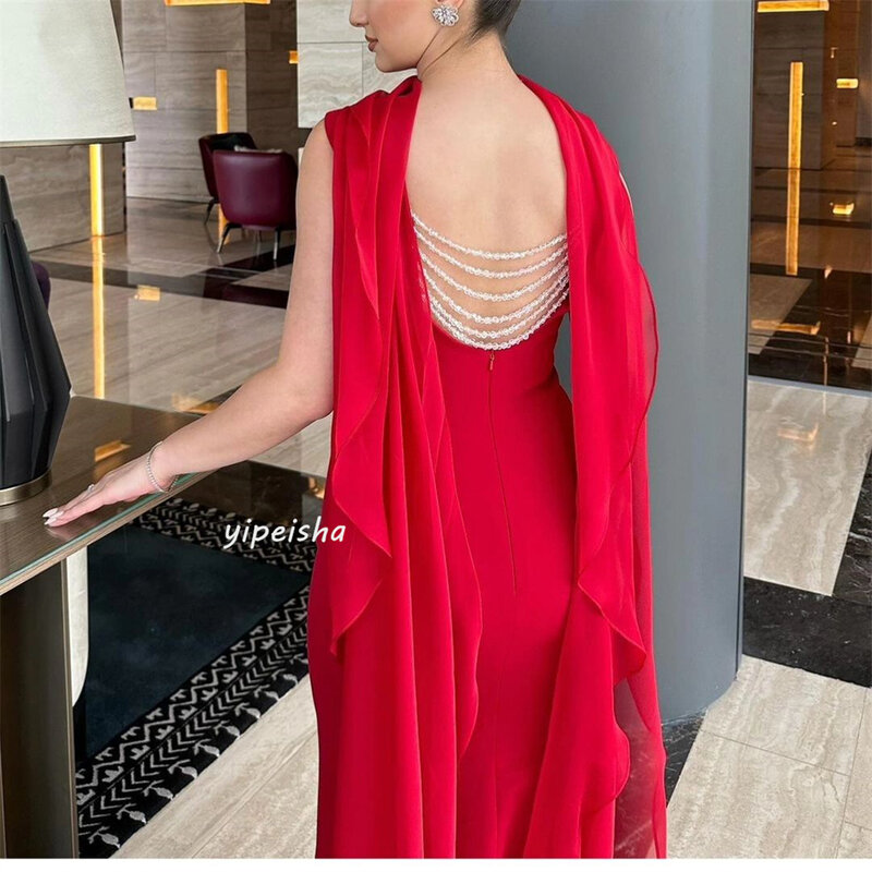 Prom Dress Evening Jersey Beading Ruched Celebrity A-line High Collar Bespoke Occasion Gown Long Dresses Saudi Arabia
