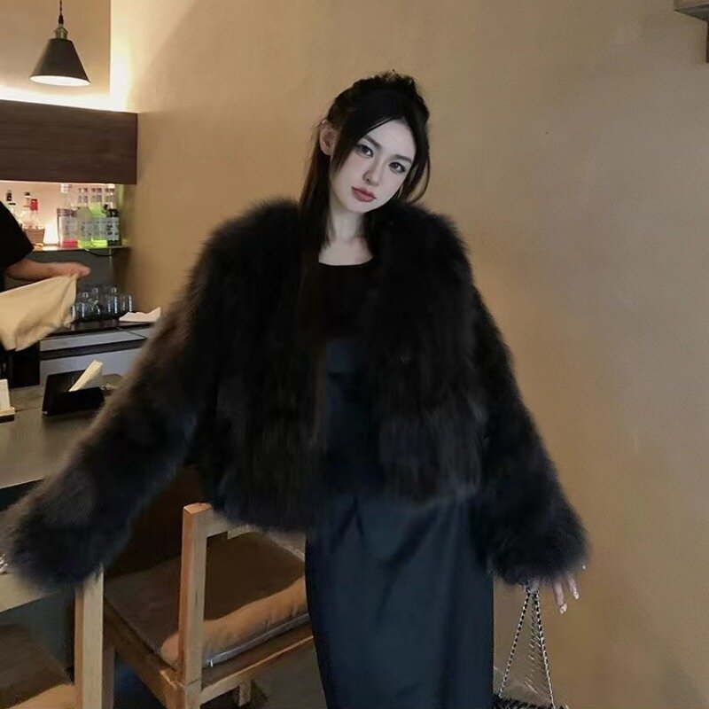 Mantel bulu halus wanita, jaket bulu palsu pendek gaya Korea Chic lengan panjang Harajuku Y2k jaket bulu rubah hitam Mujer baru