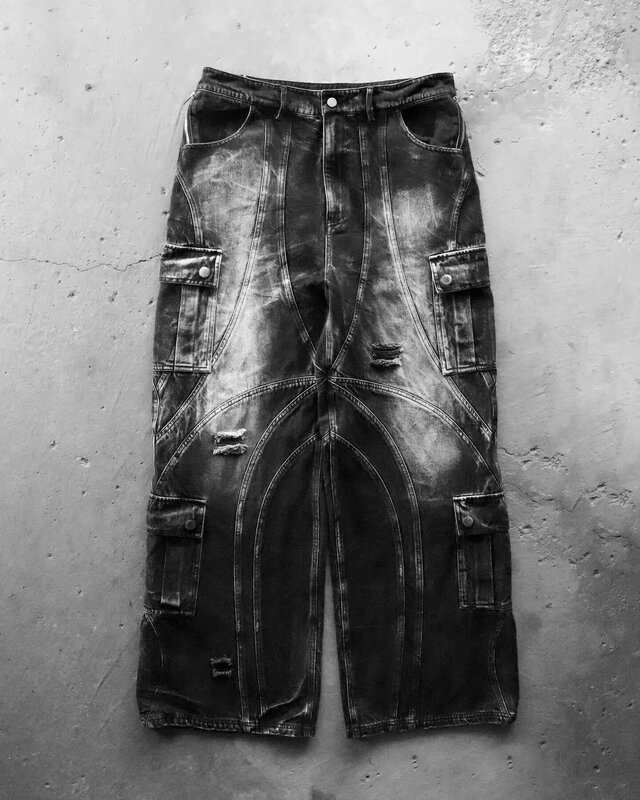 2024 New Y2k Men’s Jeans Gothic Punk  Retro  Baggy Jeans Black Rock Ripped Multi Pocket Cargo Pants Low Waist Leisure Streetwear