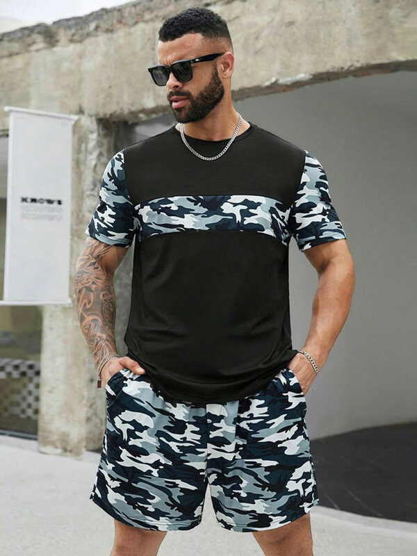 Camiseta de manga curta masculina e conjunto de shorts de verão, conjunto de impressão 3D masculino todos os dias ao ar livre, shorts de praia, camiseta de moda urbana de rua