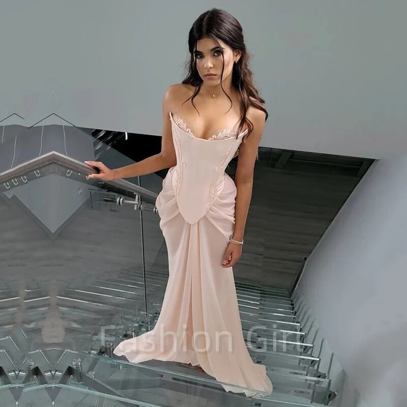 Elegant Blush Pink Evening Dress Nude Chiffon Sheer Draped Mesh Corset High Slit Crystal Lace Wedding Gown Dress Formal Gown