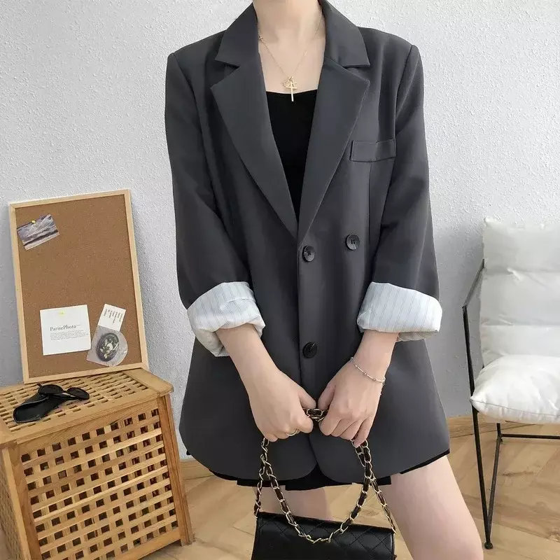 Пиджак женский однобортный с длинным рукавом, шикарный однотонный свободный блейзер в Корейском стиле, повседневная офисная одежда Bf, офисная одежда