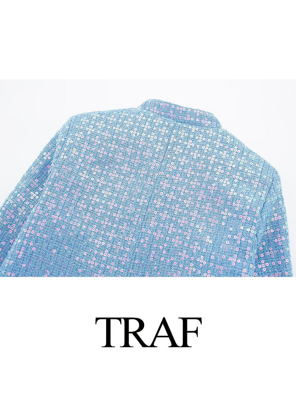 TRAF mantel pendek wanita, jaket jalanan Tinggi Wanita dekorasi payet saku lengan panjang leher O biru modis musim panas