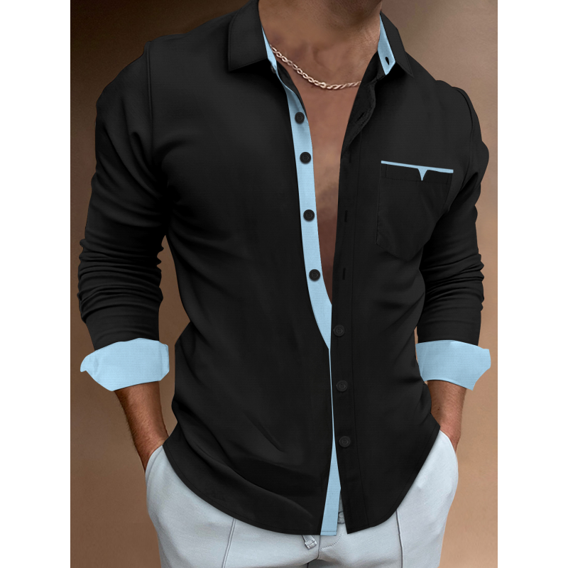 New men's Spring and Fall shirt Fashion casual lapel pocket single-breasted solid color shirt