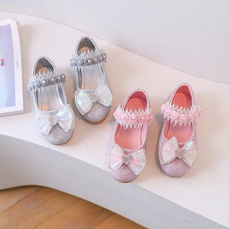 Dziewczęce skórzane buty kokarda węzeł księżniczka buty perłowe cekiny pojedyncze buty koreańskie dziecięce wiosna jesień Mary Janes J163