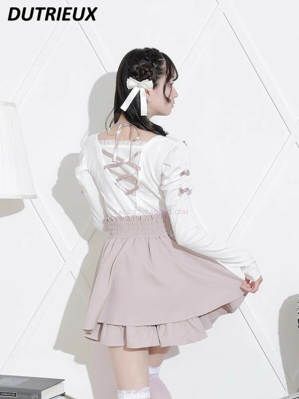 Rok pendek pinggang tinggi manis musim panas rok A-line Mini kulot dalam kerut dua baris gaya Jepang wanita